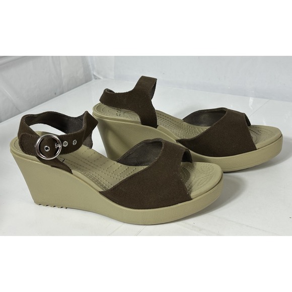 Crocs Hanalei Wedge‎ Sandals Women's 10 Brown Beige Canvas Ankle Strap - Picture 1 of 4